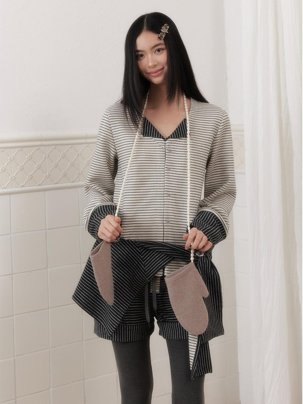 SENSELF Gray White Striped Patchwork Sailor Collar Scarf Women's Knit Cardigans