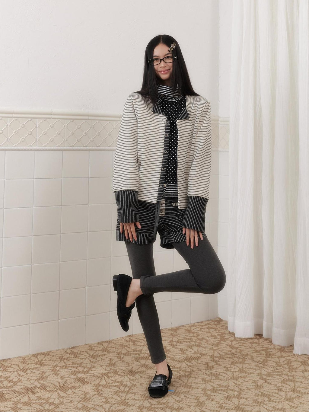 SENSELF Gray White Striped Patchwork Sailor Collar Scarf Women's Knit Cardigans