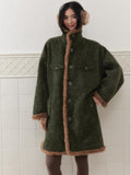 SENSELF Green Vintage Fur Collar Distressed Textured Cocoon Women's Wool Long Coats