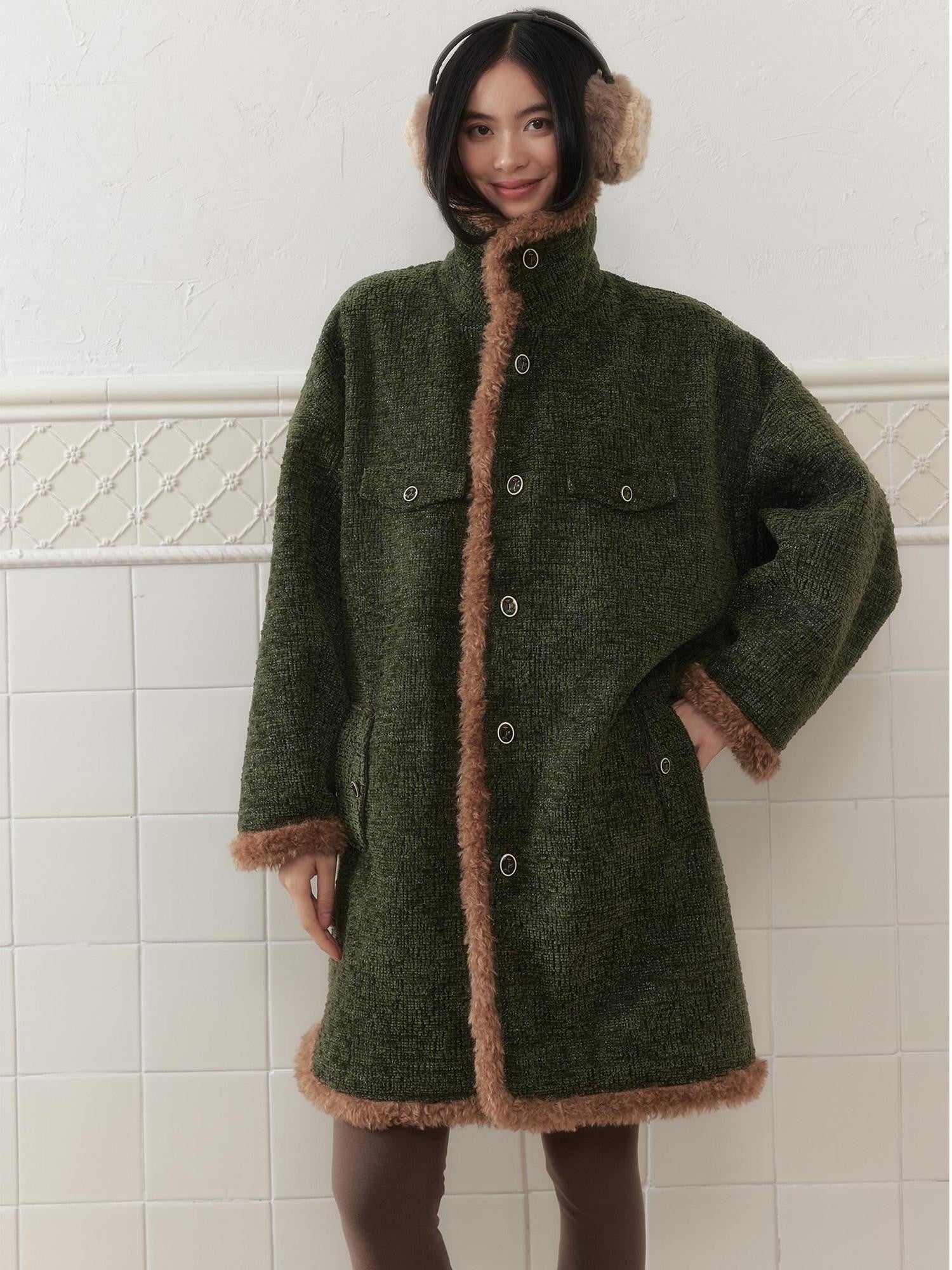 SENSELF Green Vintage Fur Collar Distressed Textured Cocoon Women's Wool Long Coats