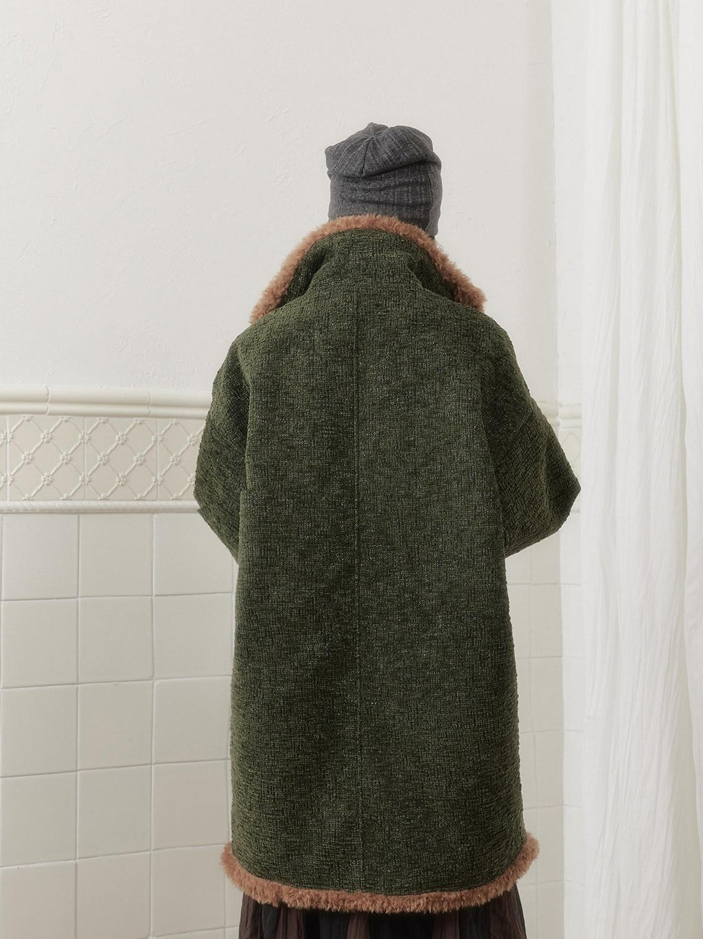 SENSELF Green Vintage Fur Collar Distressed Textured Cocoon Women's Wool Long Coats