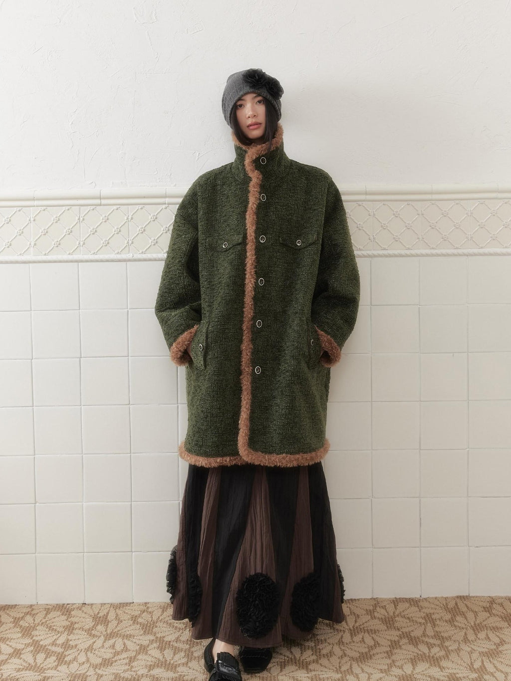 SENSELF Green Vintage Fur Collar Distressed Textured Cocoon Women's Wool Long Coats