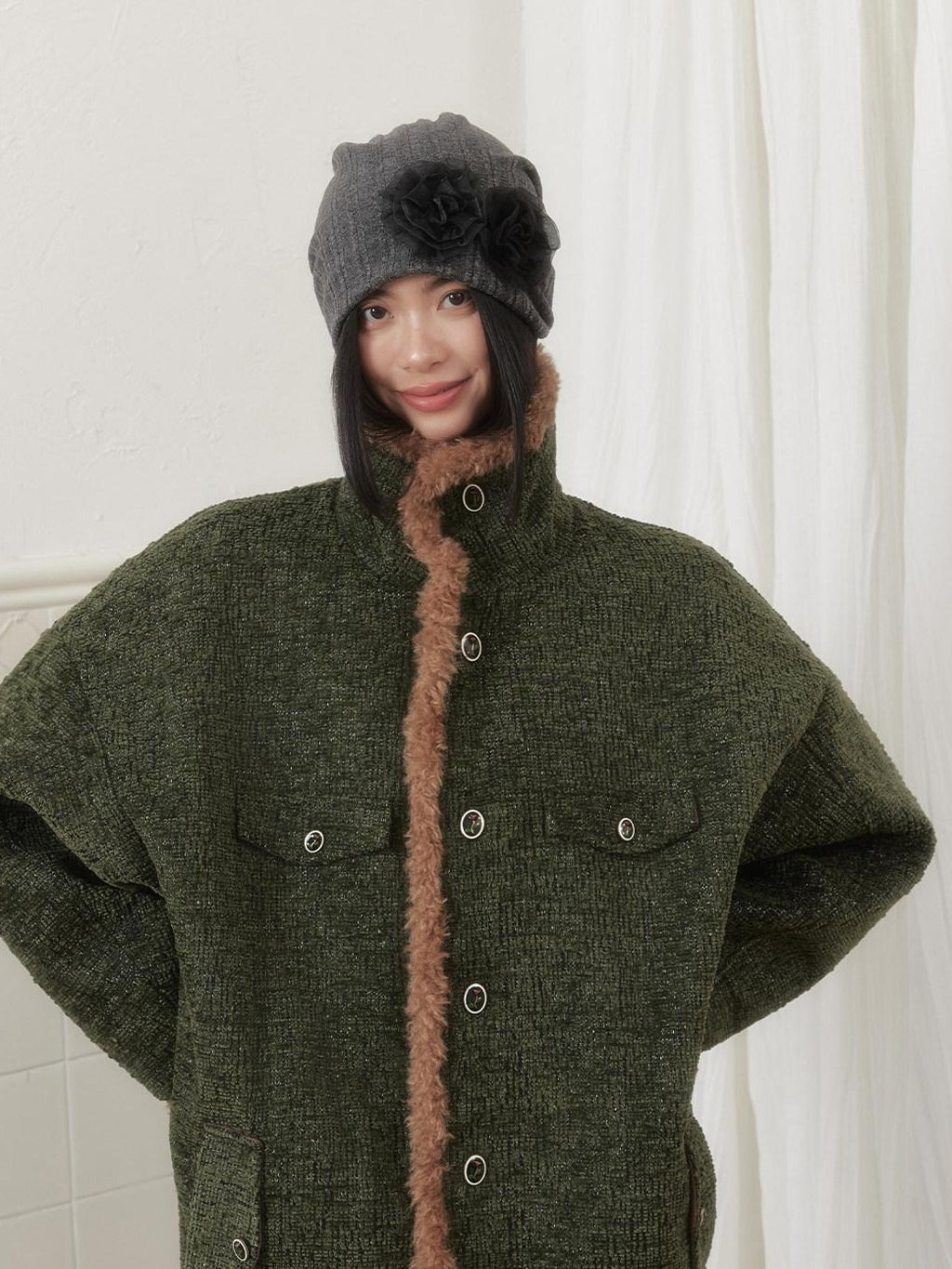 SENSELF Green Vintage Fur Collar Distressed Textured Cocoon Women's Wool Long Coats