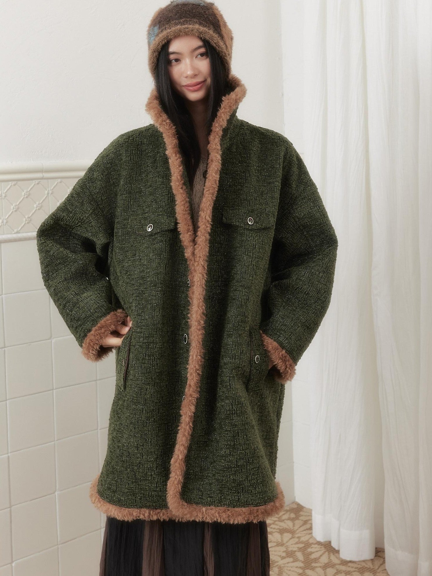 SENSELF Green Vintage Fur Collar Distressed Textured Cocoon Women's Wool Long Coats