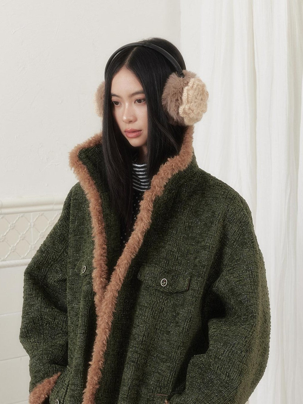 SENSELF Green Vintage Fur Collar Distressed Textured Cocoon Women's Wool Long Coats