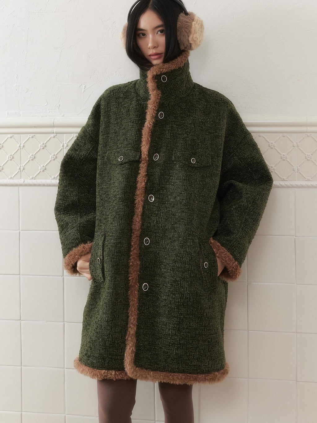 SENSELF Green Vintage Fur Collar Distressed Textured Cocoon Women's Wool Long Coats