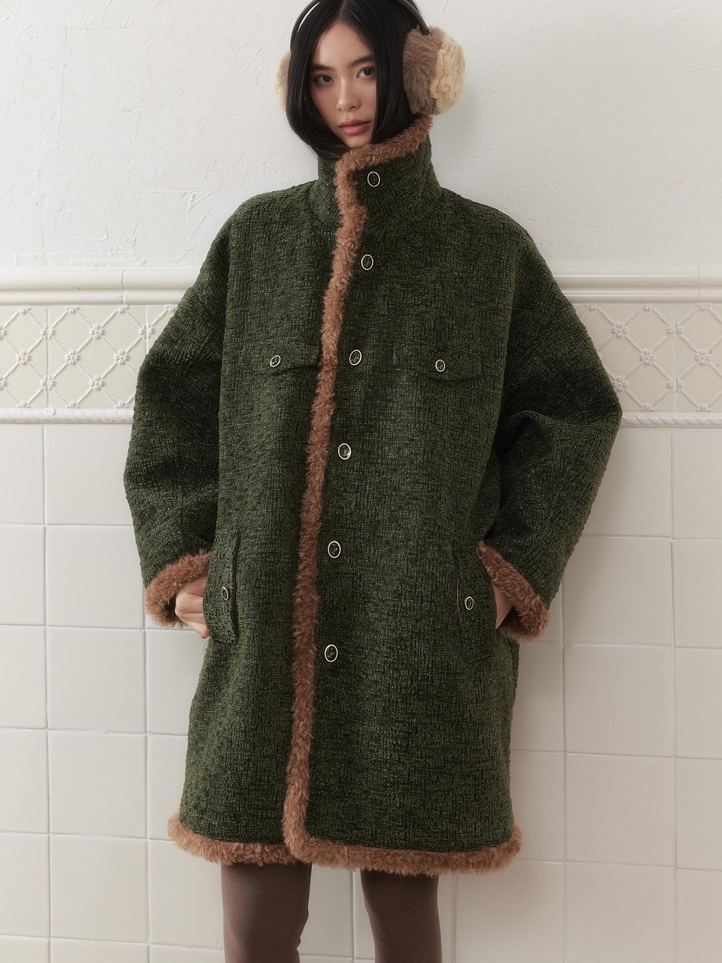 SENSELF Green Vintage Fur Collar Distressed Textured Cocoon Women's Wool Long Coats
