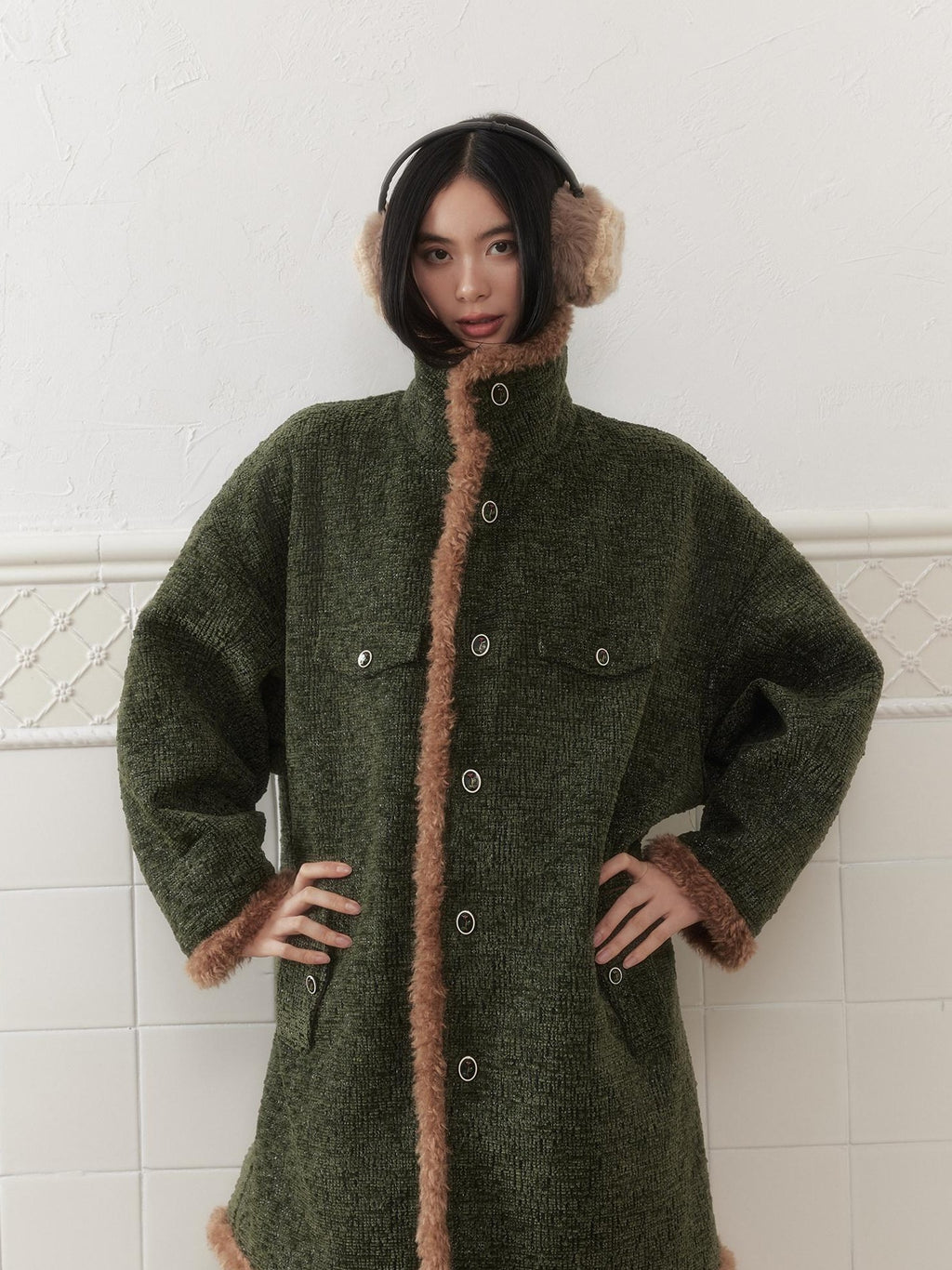 SENSELF Green Vintage Fur Collar Distressed Textured Cocoon Women's Wool Long Coats