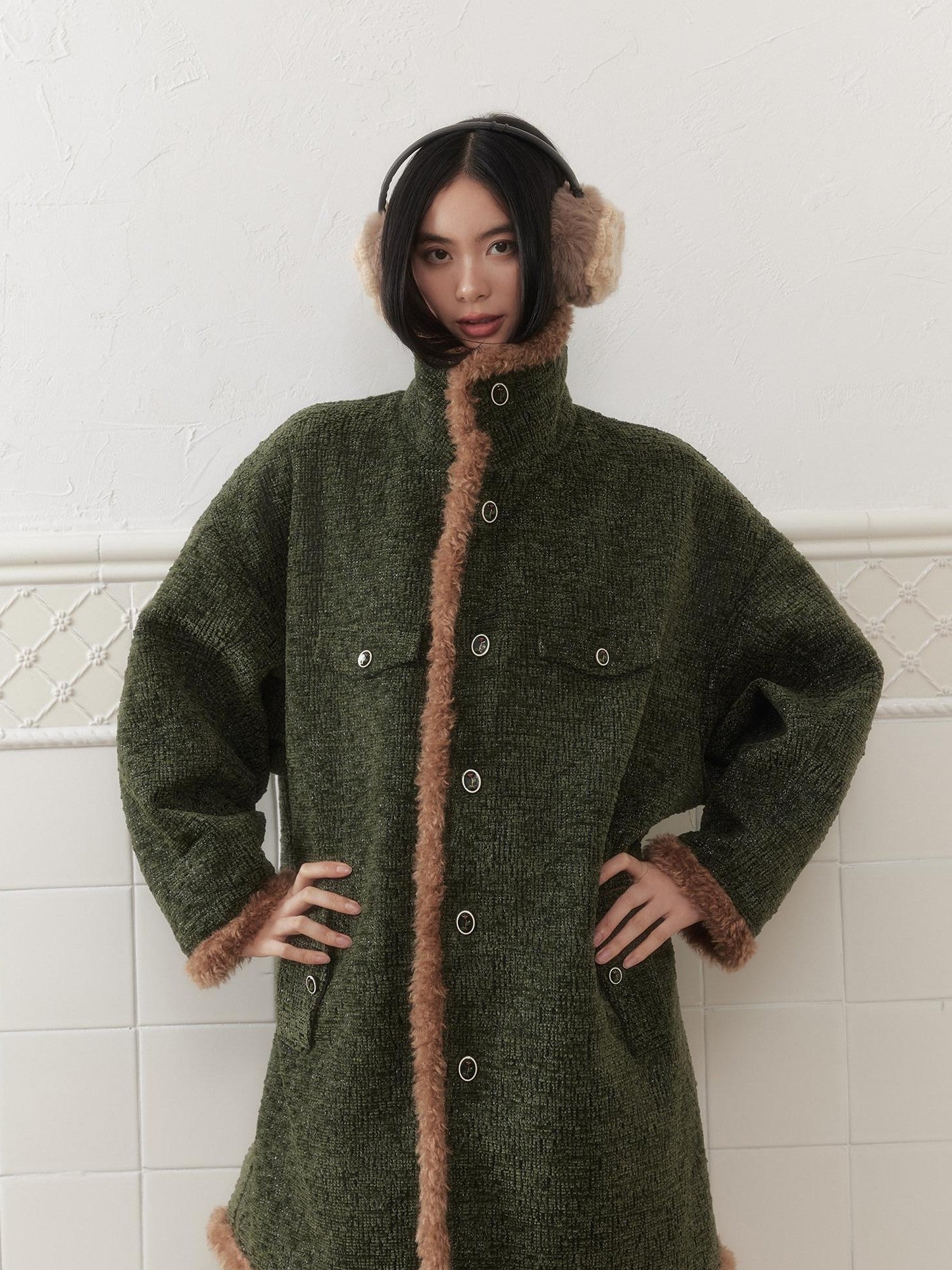 SENSELF Green Vintage Fur Collar Distressed Textured Cocoon Women's Wool Long Coats