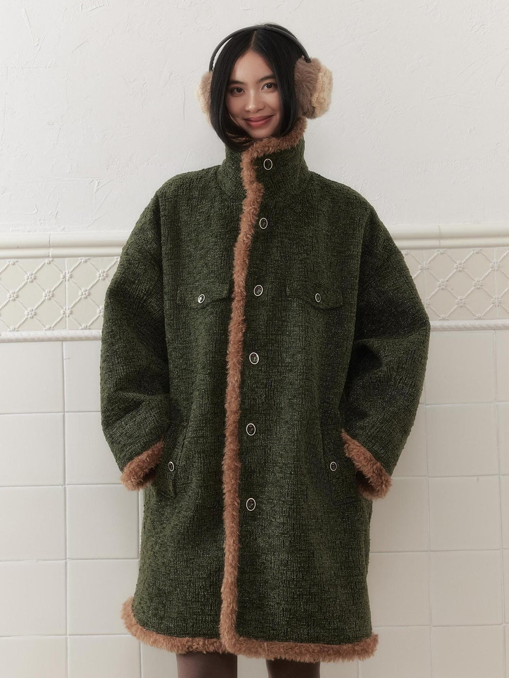 SENSELF Green Vintage Fur Collar Distressed Textured Cocoon Women's Wool Long Coats