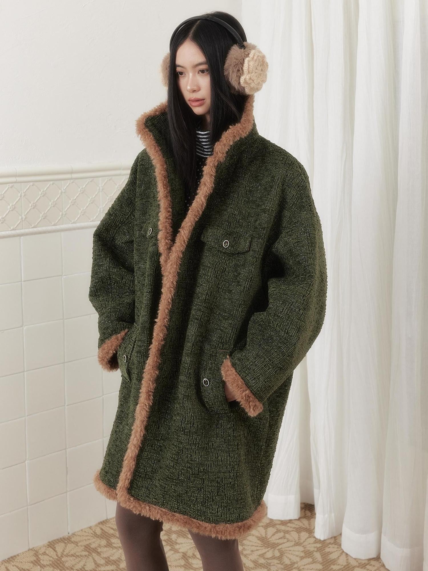 SENSELF Green Vintage Fur Collar Distressed Textured Cocoon Women's Wool Long Coats