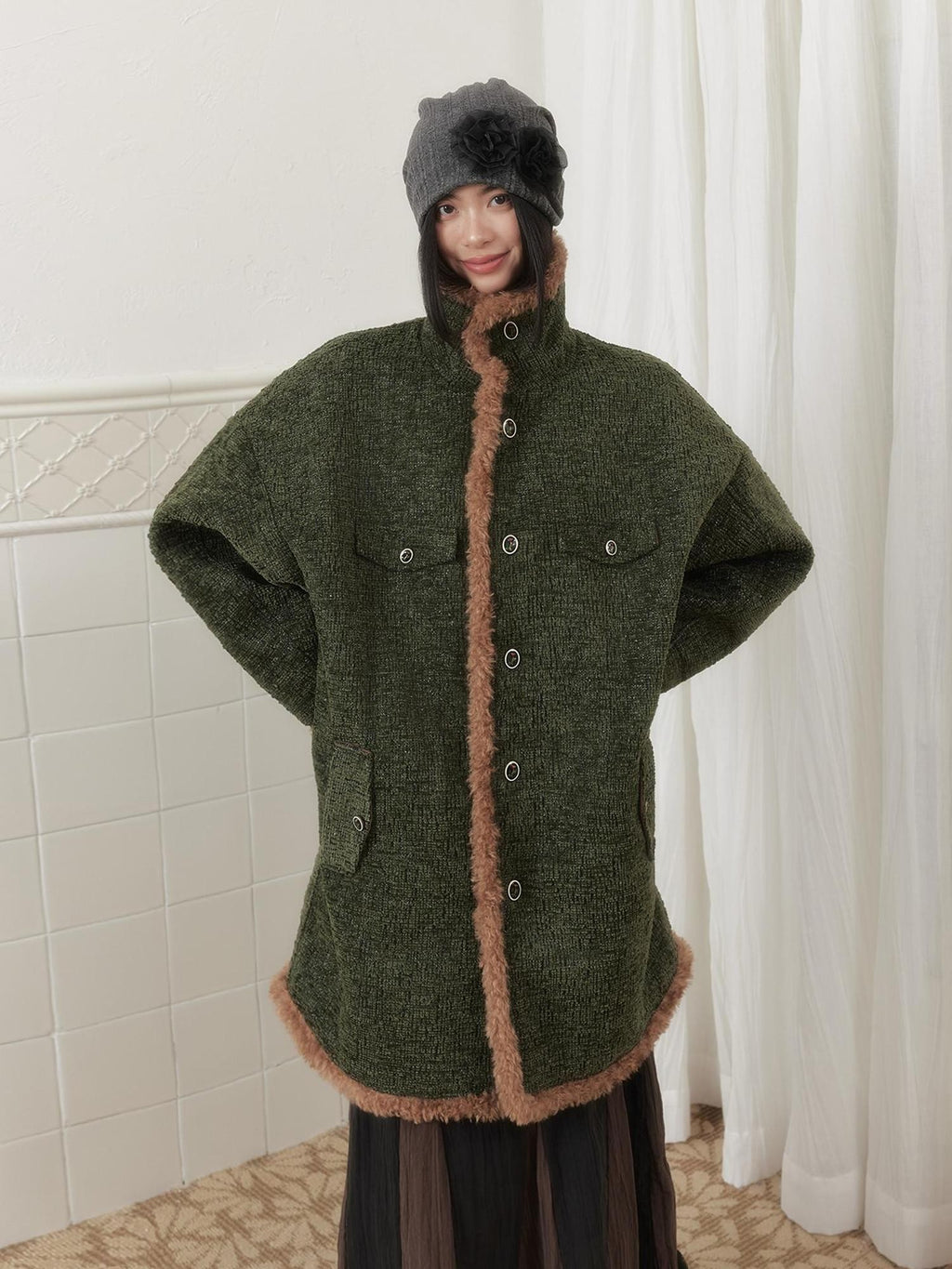 SENSELF Green Vintage Fur Collar Distressed Textured Cocoon Women's Wool Long Coats