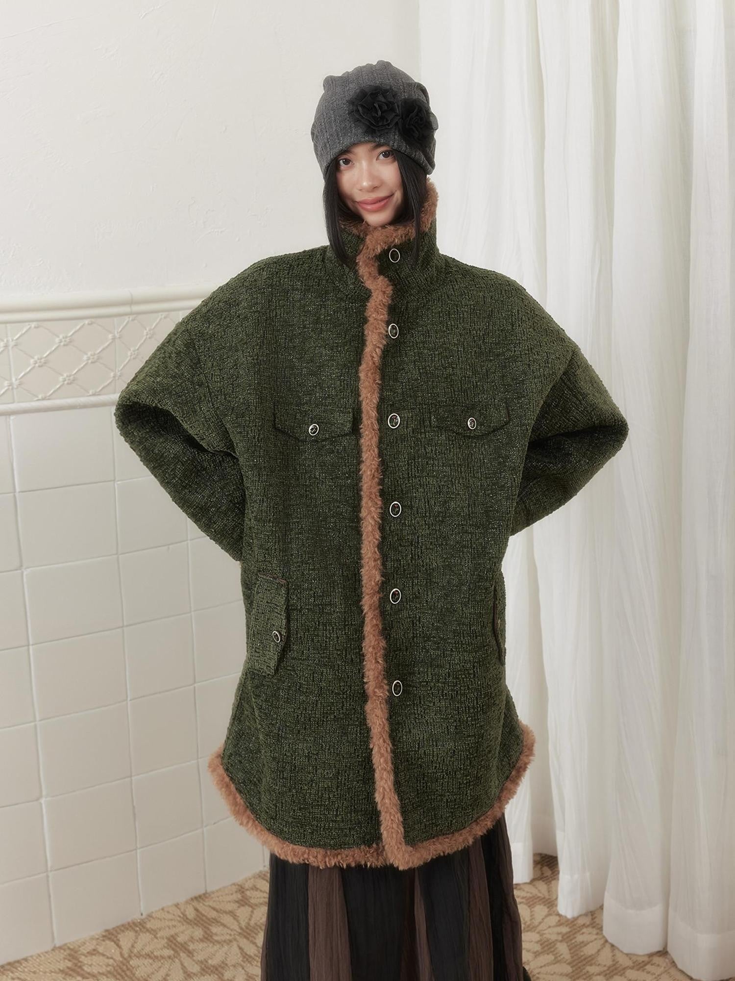 SENSELF Green Vintage Fur Collar Distressed Textured Cocoon Women's Wool Long Coats
