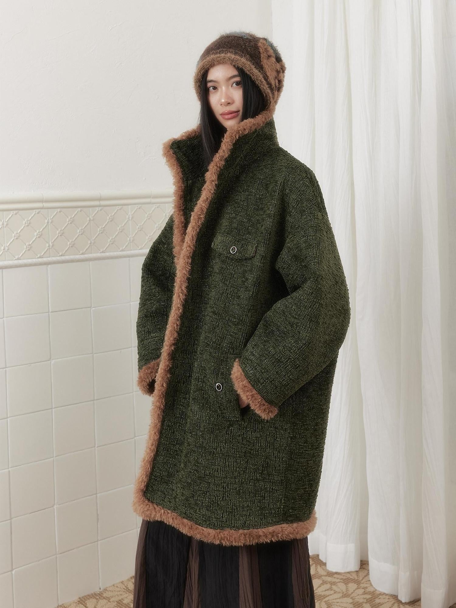SENSELF Green Vintage Fur Collar Distressed Textured Cocoon Women's Wool Long Coats