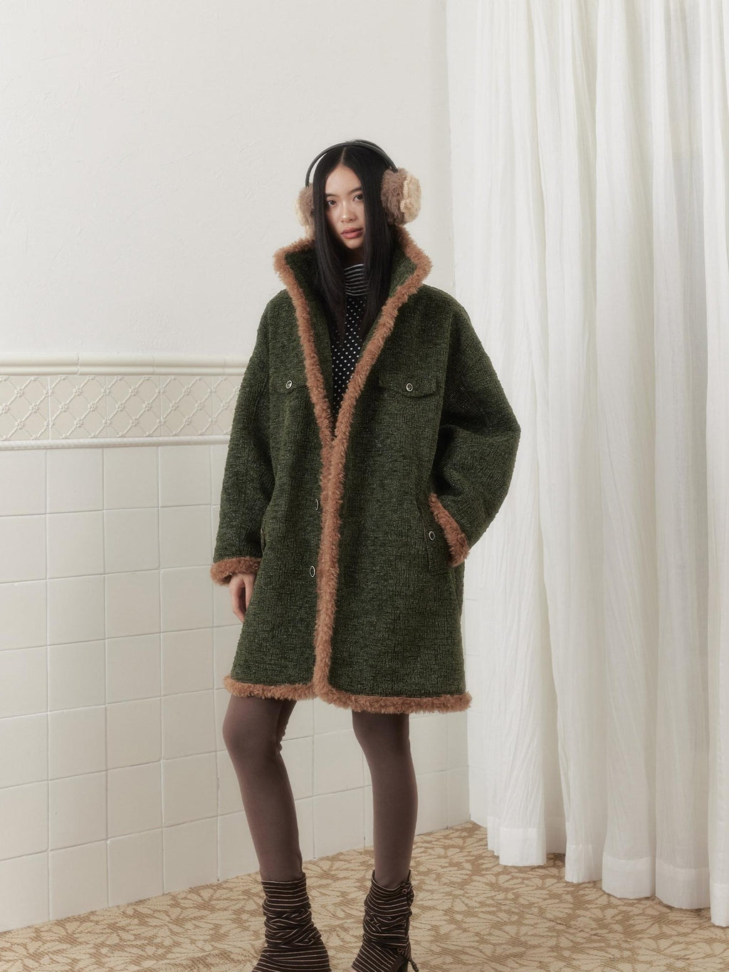 SENSELF Green Vintage Fur Collar Distressed Textured Cocoon Women's Wool Long Coats