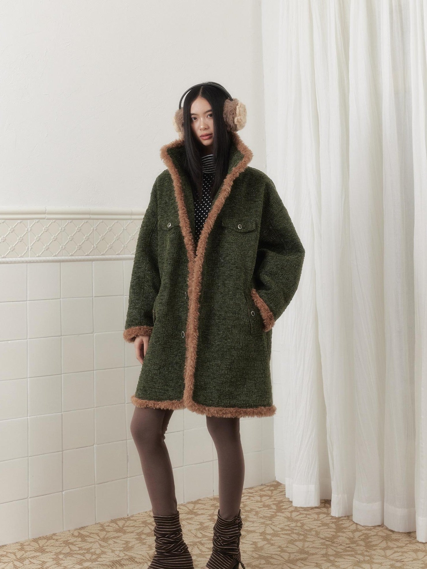 SENSELF Green Vintage Fur Collar Distressed Textured Cocoon Women's Wool Long Coats