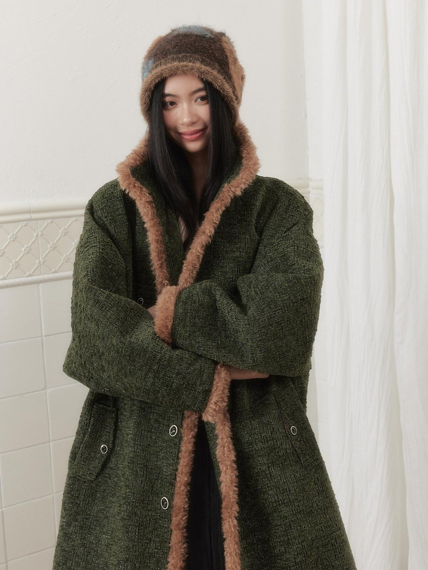 SENSELF Green Vintage Fur Collar Distressed Textured Cocoon Women's Wool Long Coats