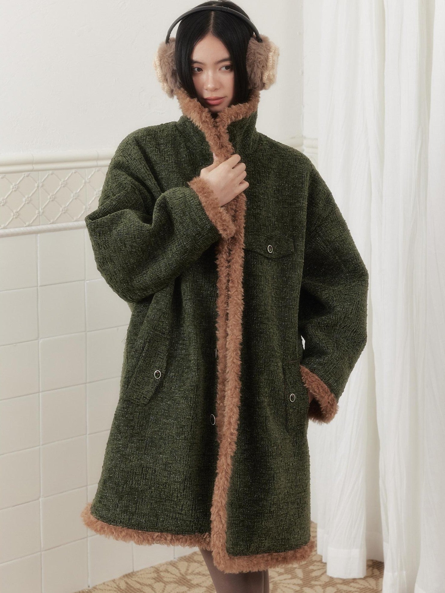 SENSELF Green Vintage Fur Collar Distressed Textured Cocoon Women's Wool Long Coats