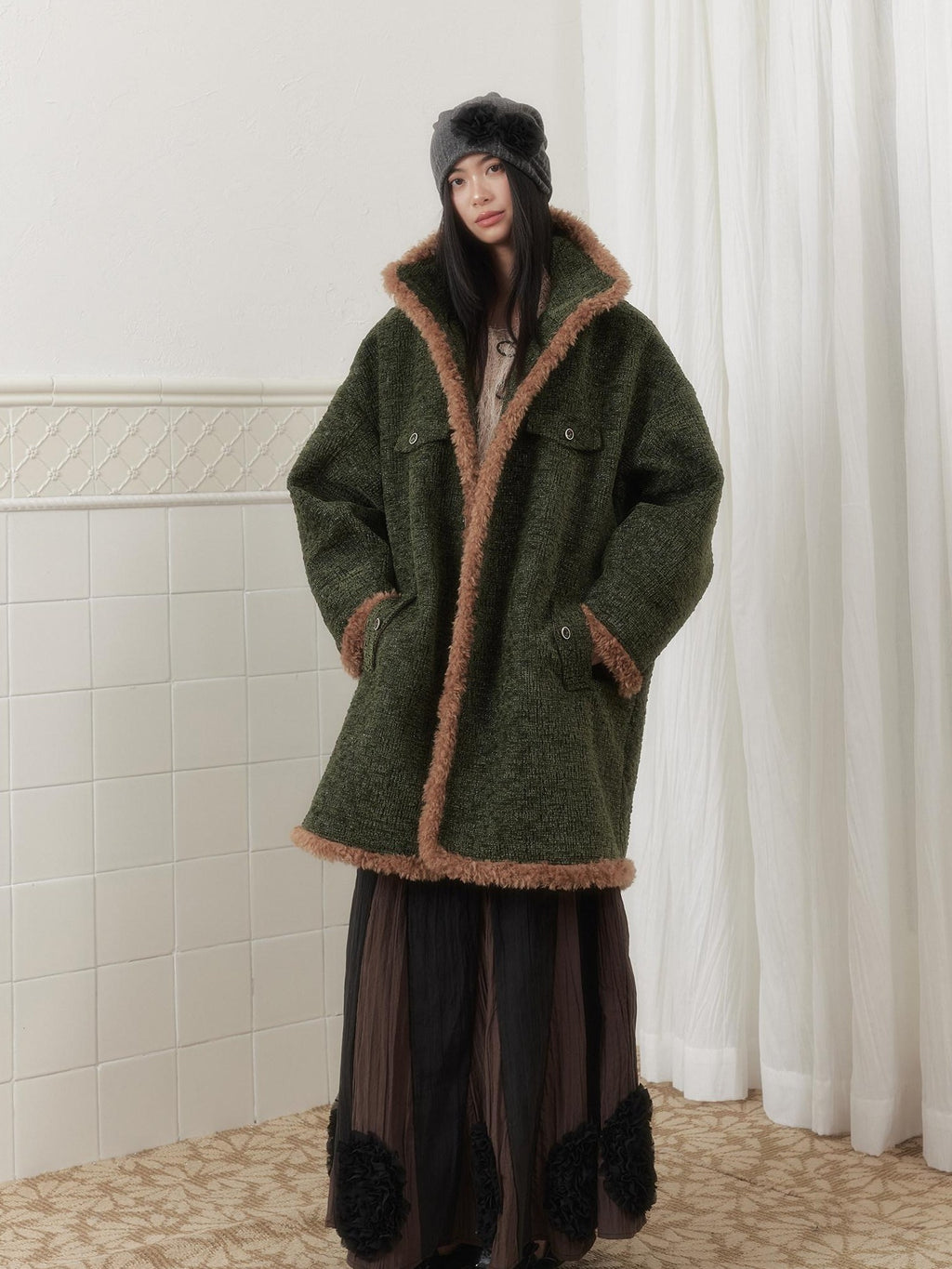 SENSELF Green Vintage Fur Collar Distressed Textured Cocoon Women's Wool Long Coats
