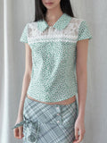 SENSELF Green White Spliced Polka Dot Floral Peter Pan Collar Women's Blouses