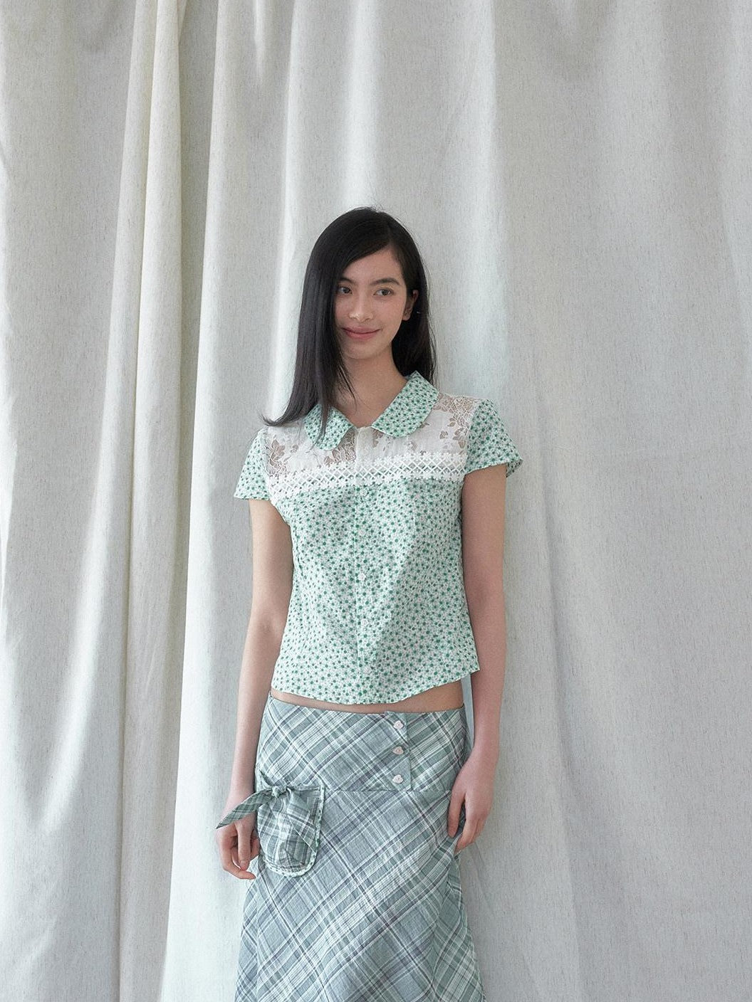 SENSELF Green White Spliced Polka Dot Floral Peter Pan Collar Women's Blouses