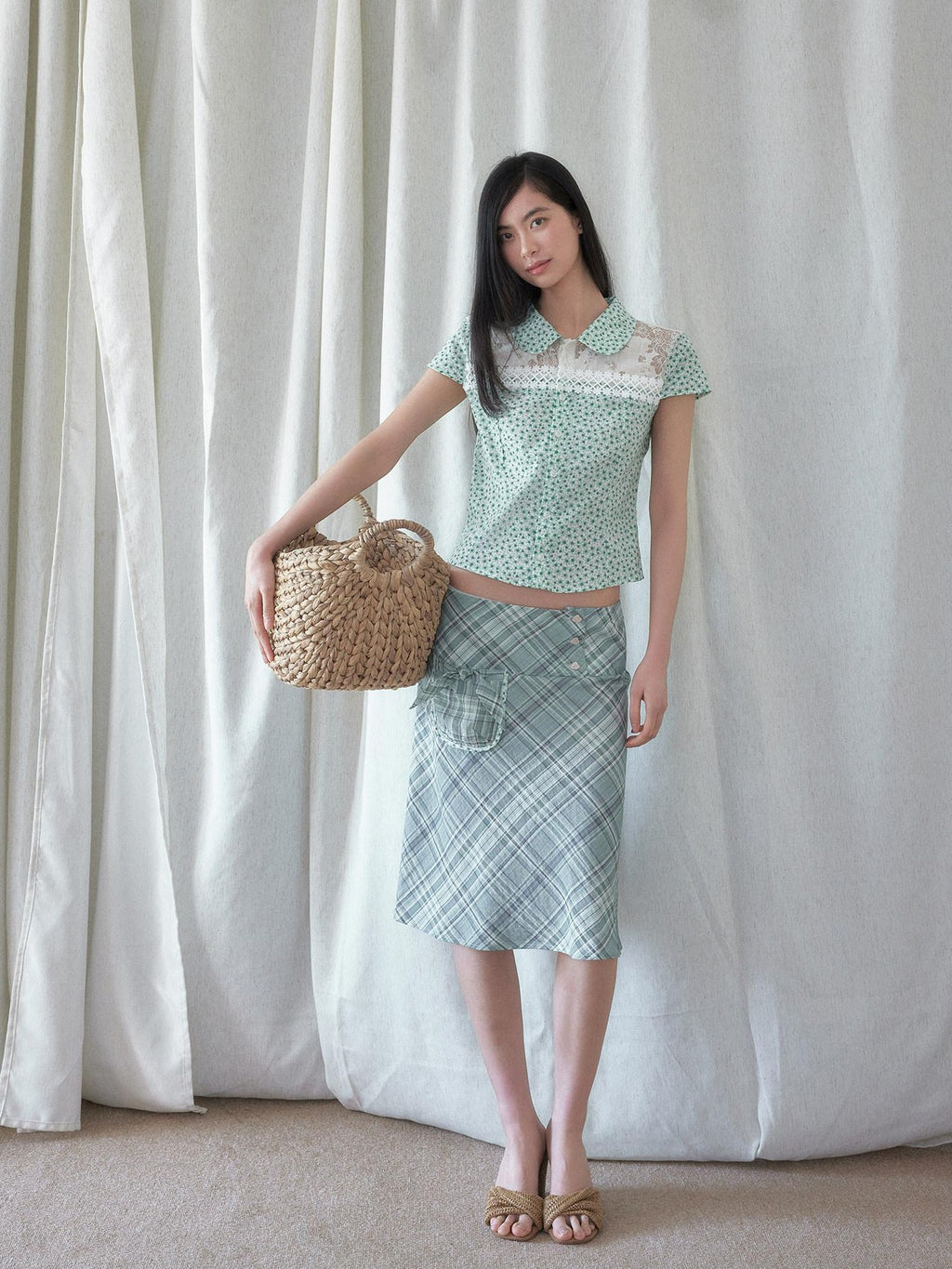 SENSELF Green White Spliced Polka Dot Floral Peter Pan Collar Women's Blouses
