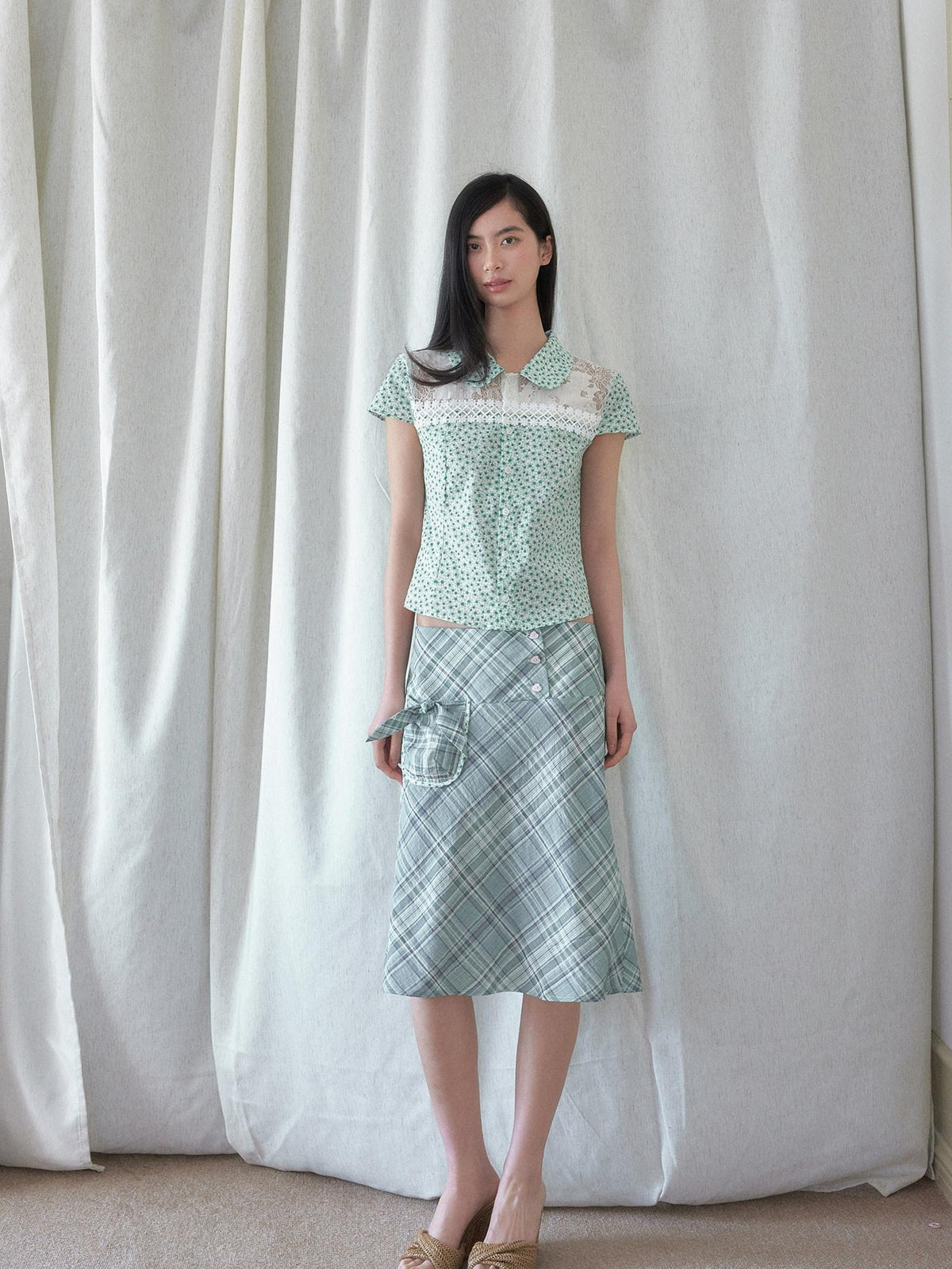 SENSELF Green White Spliced Polka Dot Floral Peter Pan Collar Women's Blouses