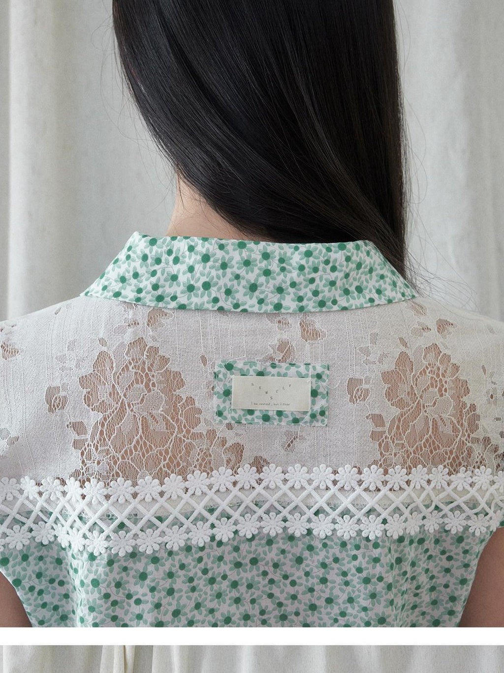 SENSELF Green White Spliced Polka Dot Floral Peter Pan Collar Women's Blouses