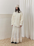 SENSELF Ivory Embroidered Slanted Placket Tie Bow Women's Quilted Cotton Puffer Jackets