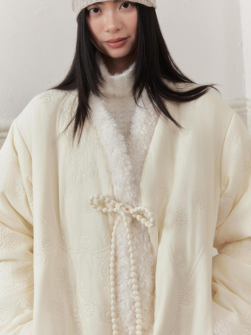 SENSELF Ivory Embroidered Slanted Placket Tie Bow Women's Quilted Cotton Puffer Jackets