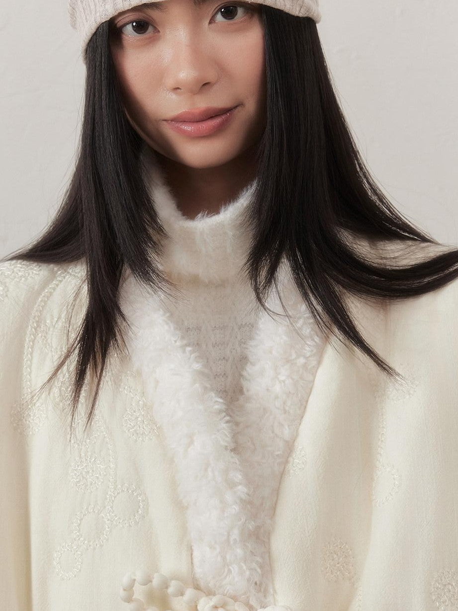 SENSELF Ivory Embroidered Slanted Placket Tie Bow Women's Quilted Cotton Puffer Jackets