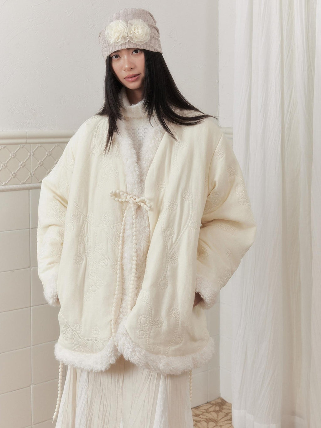 SENSELF Ivory Embroidered Slanted Placket Tie Bow Women's Quilted Cotton Puffer Jackets