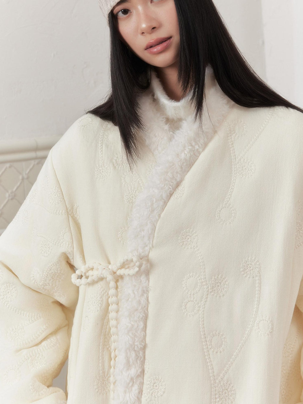 SENSELF Ivory Embroidered Slanted Placket Tie Bow Women's Quilted Cotton Puffer Jackets