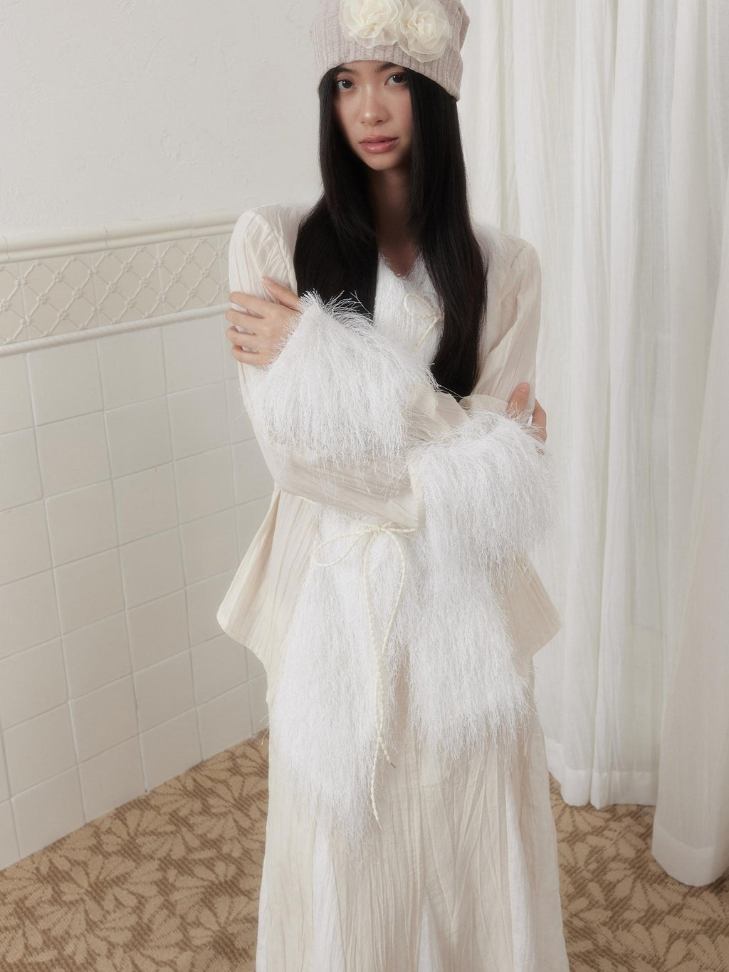 SENSELF Ivory Pleated Asymmetrical Placket Tassel Panel Tie Waist Women's Shirts