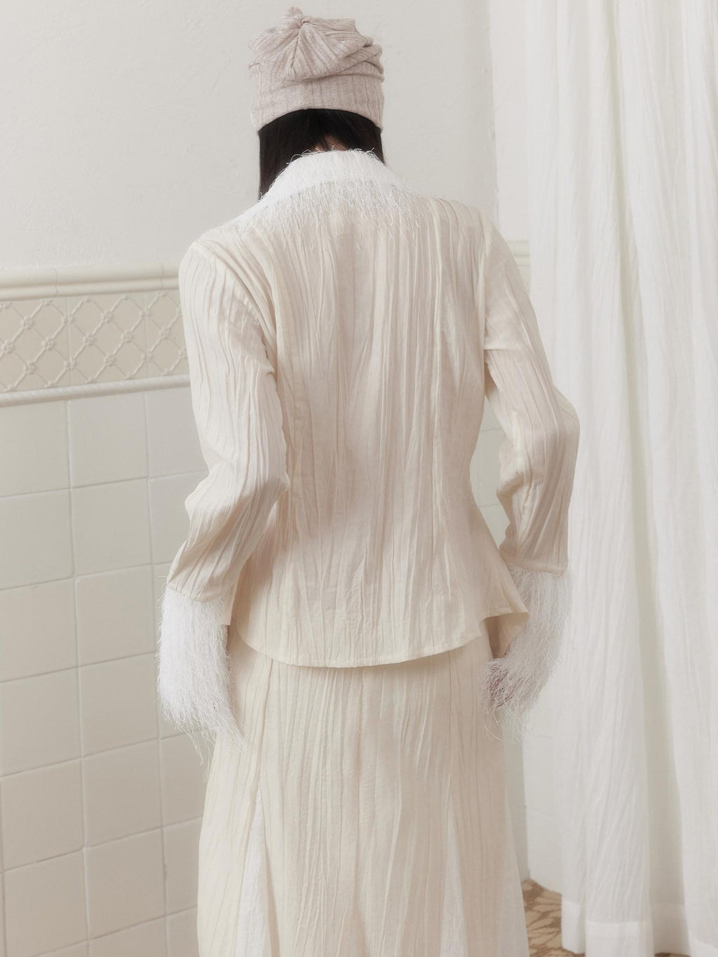 SENSELF Ivory Pleated Asymmetrical Placket Tassel Panel Tie Waist Women's Shirts