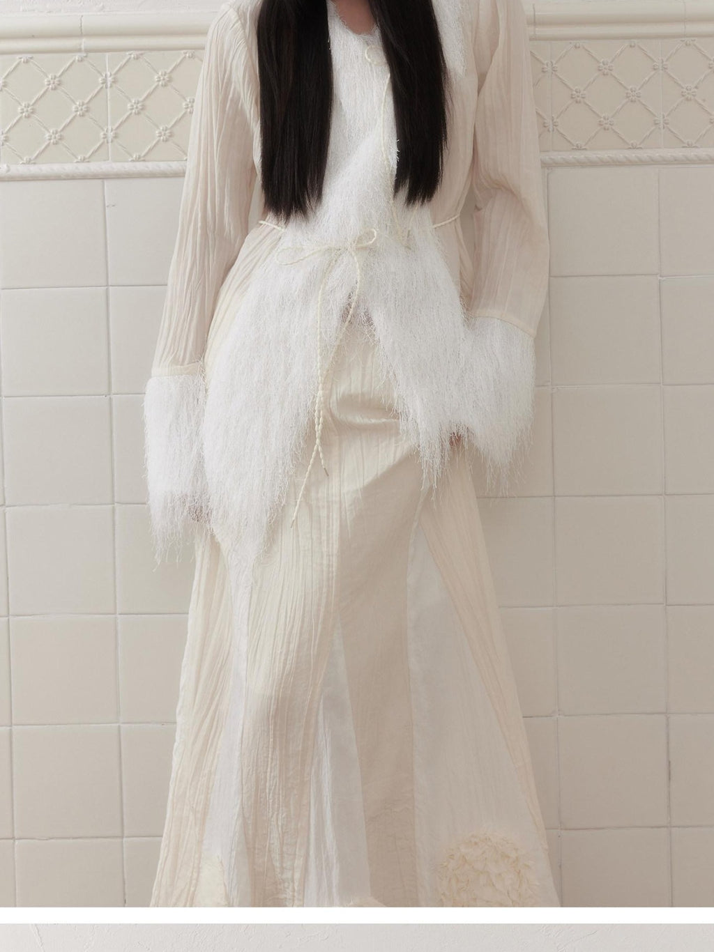 SENSELF Ivory Pleated Asymmetrical Placket Tassel Panel Tie Waist Women's Shirts