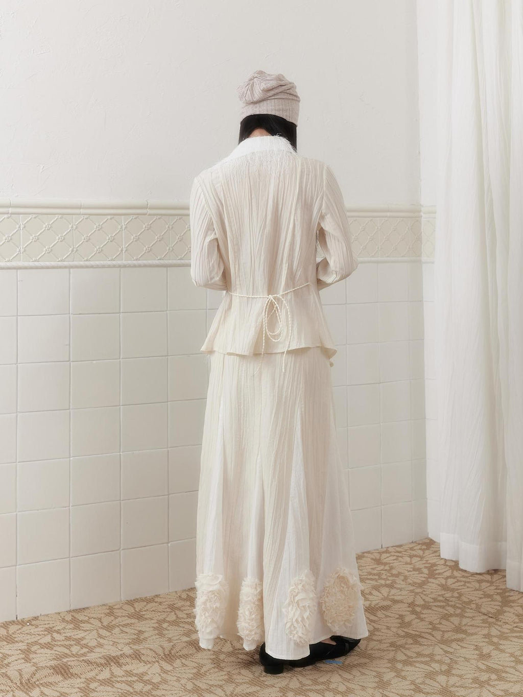 SENSELF Ivory Pleated Asymmetrical Placket Tassel Panel Tie Waist Women's Shirts