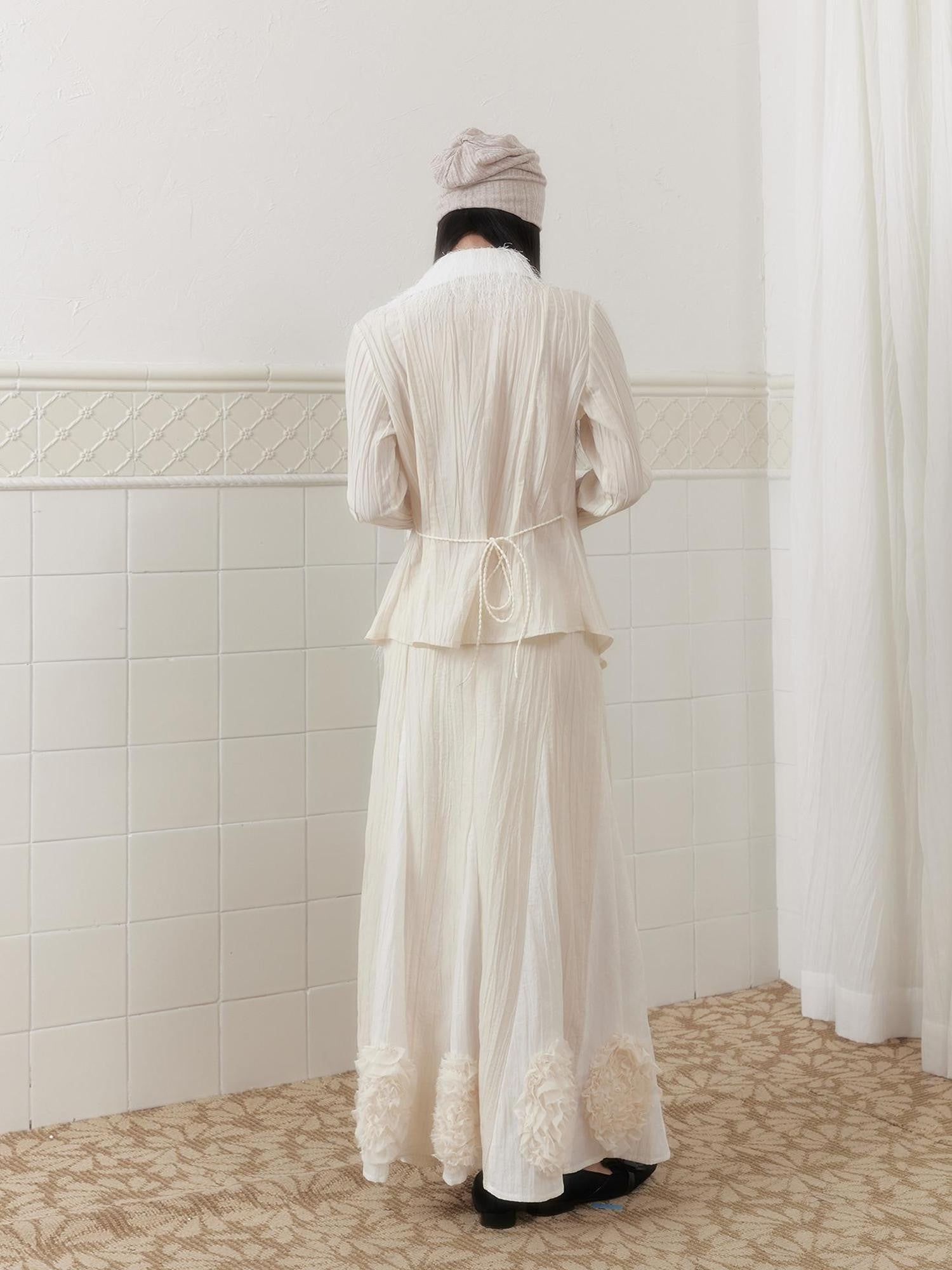 SENSELF Ivory Pleated Asymmetrical Placket Tassel Panel Tie Waist Women's Shirts