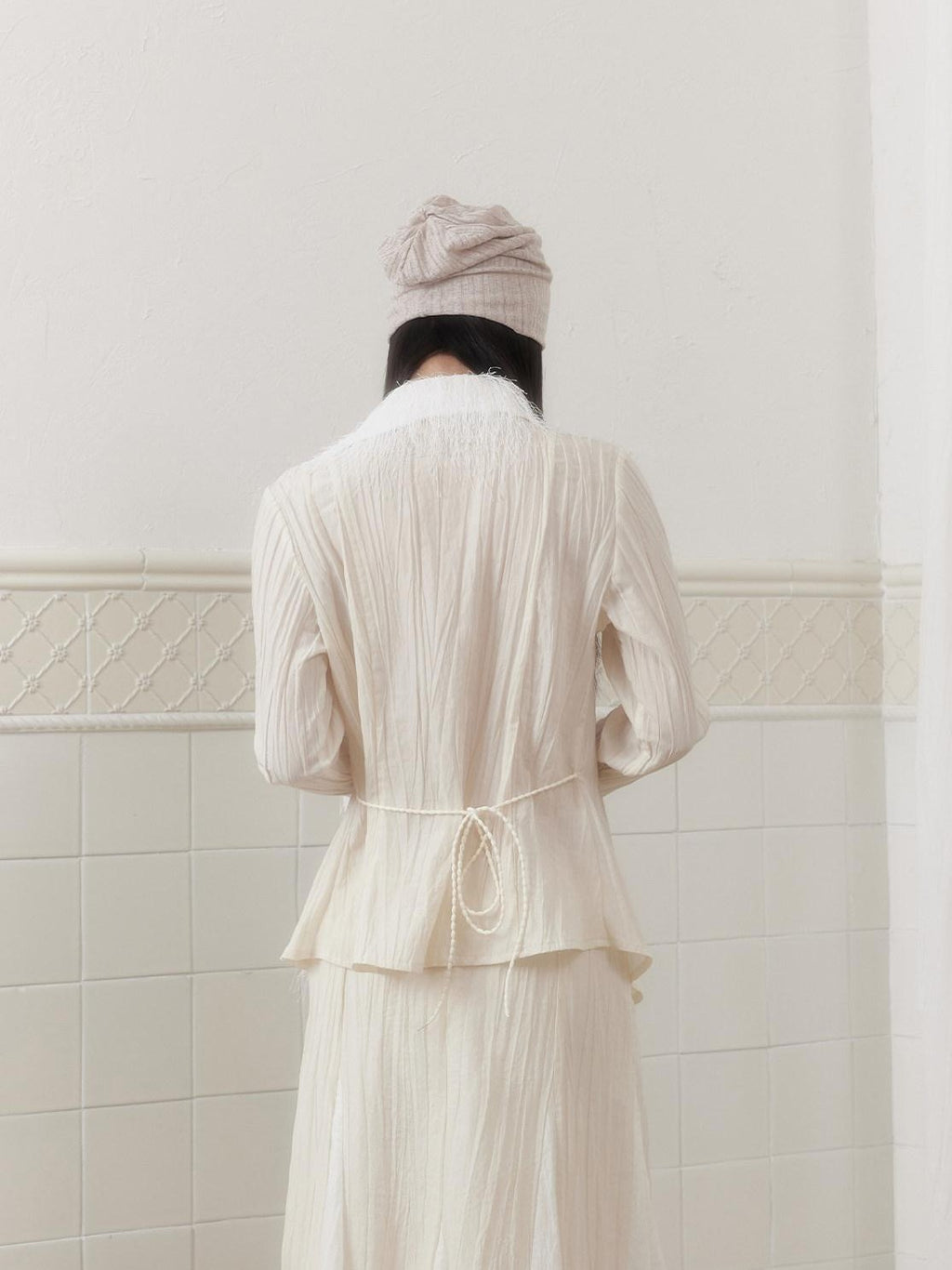 SENSELF Ivory Pleated Asymmetrical Placket Tassel Panel Tie Waist Women's Shirts