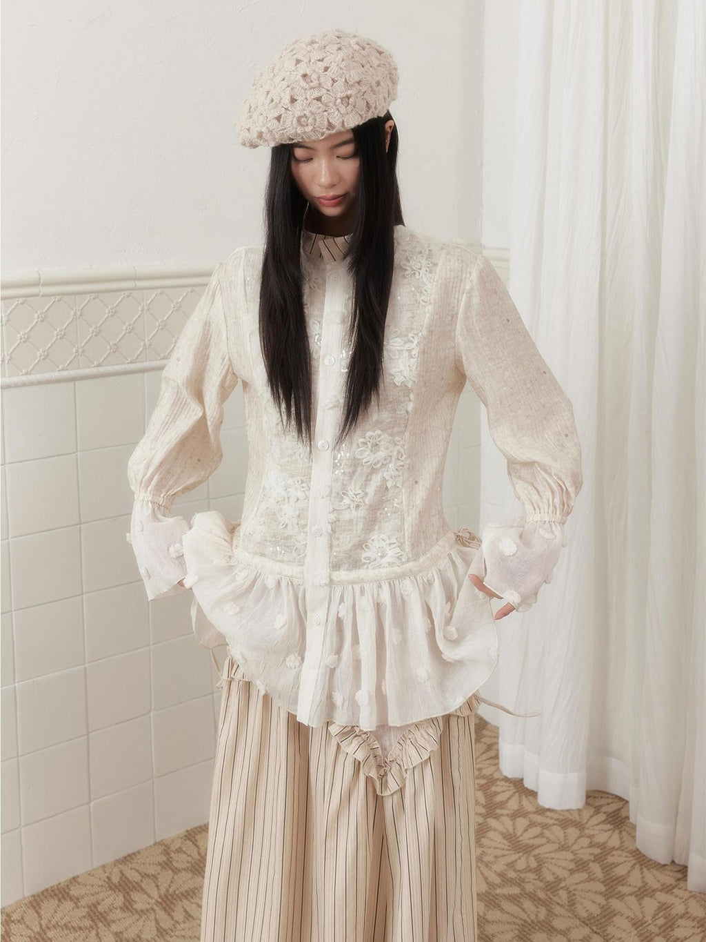 SENSELF Ivory Polka Dot Sequin Embroidered Lace Bell Sleeve Women's Oversized Shirts