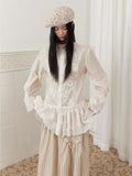 SENSELF Ivory Polka Dot Sequin Embroidered Lace Bell Sleeve Women's Oversized Shirts