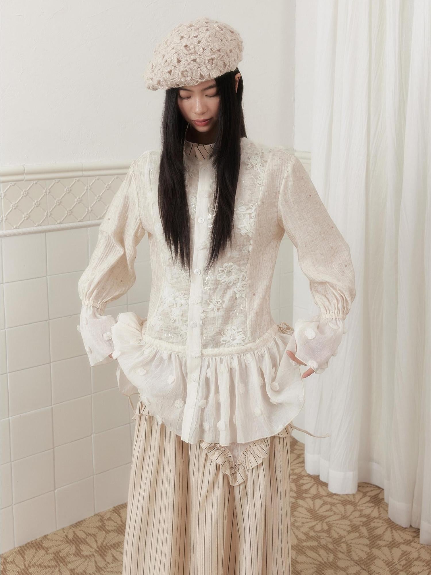 SENSELF Ivory Polka Dot Sequin Embroidered Lace Bell Sleeve Women's Oversized Shirts