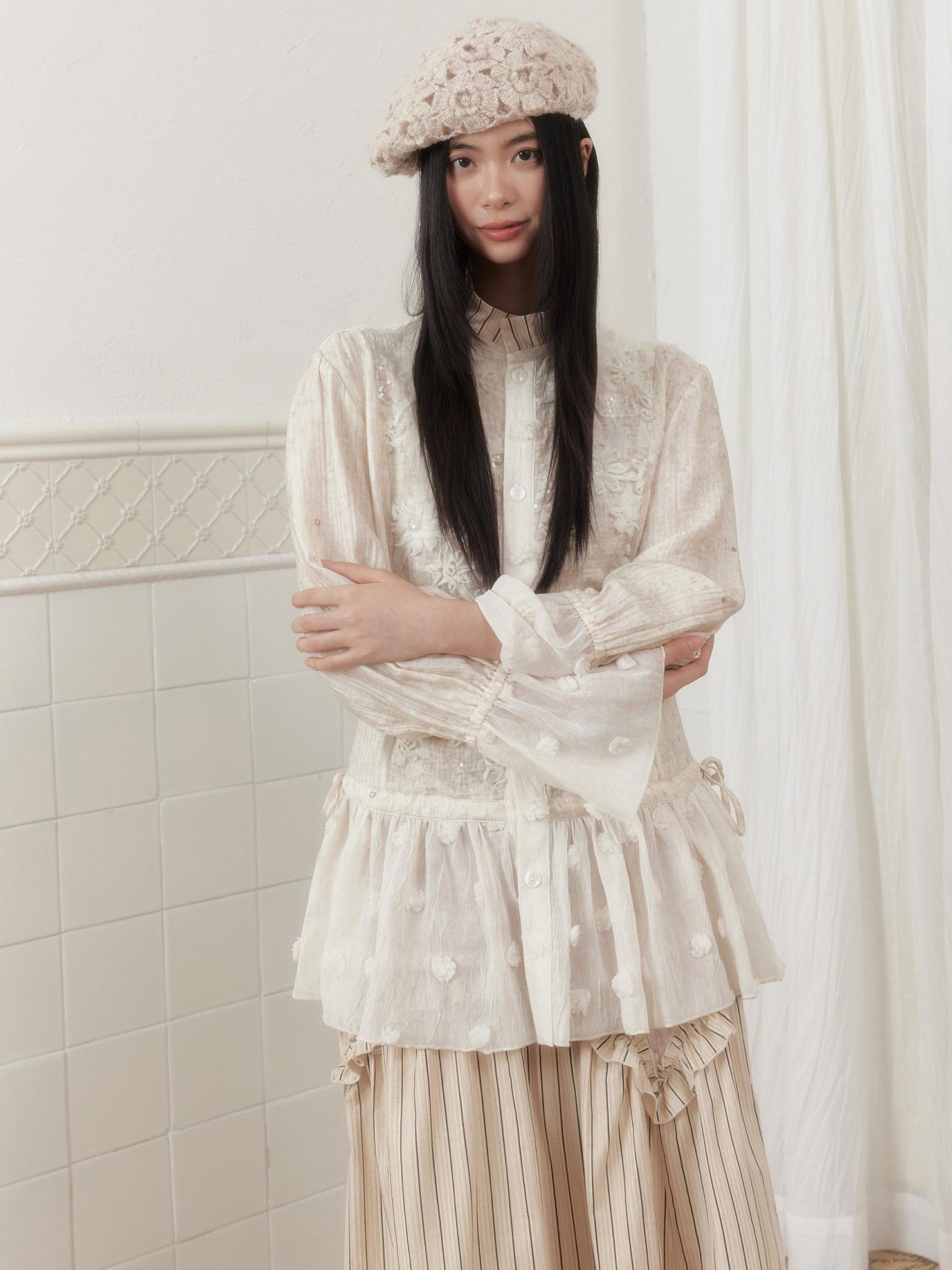 SENSELF Ivory Polka Dot Sequin Embroidered Lace Bell Sleeve Women's Oversized Shirts