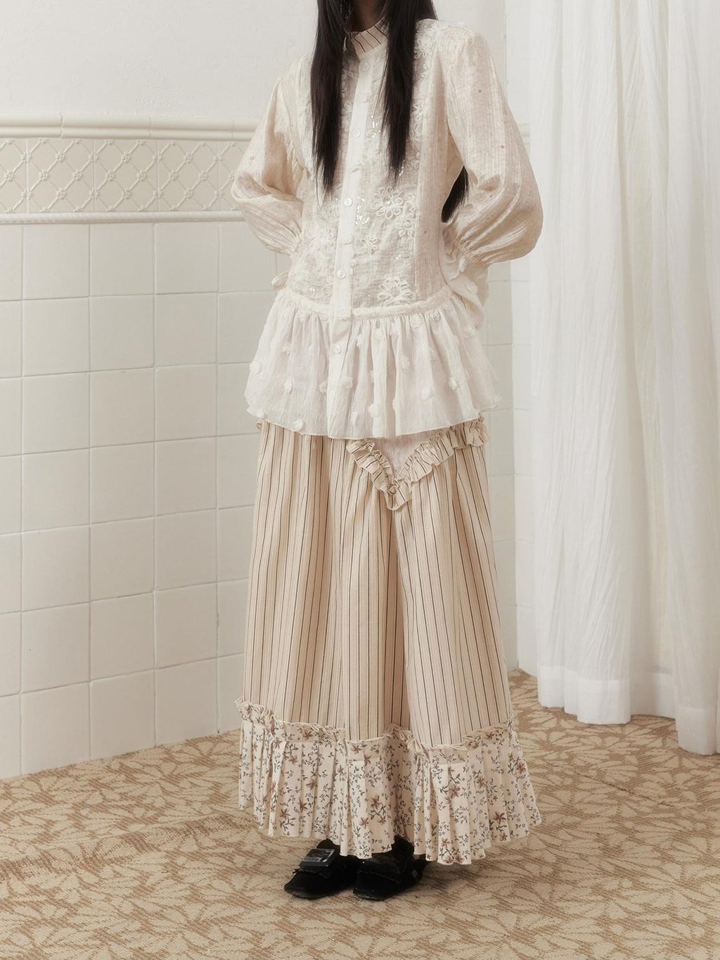 SENSELF Ivory Polka Dot Sequin Embroidered Lace Bell Sleeve Women's Oversized Shirts