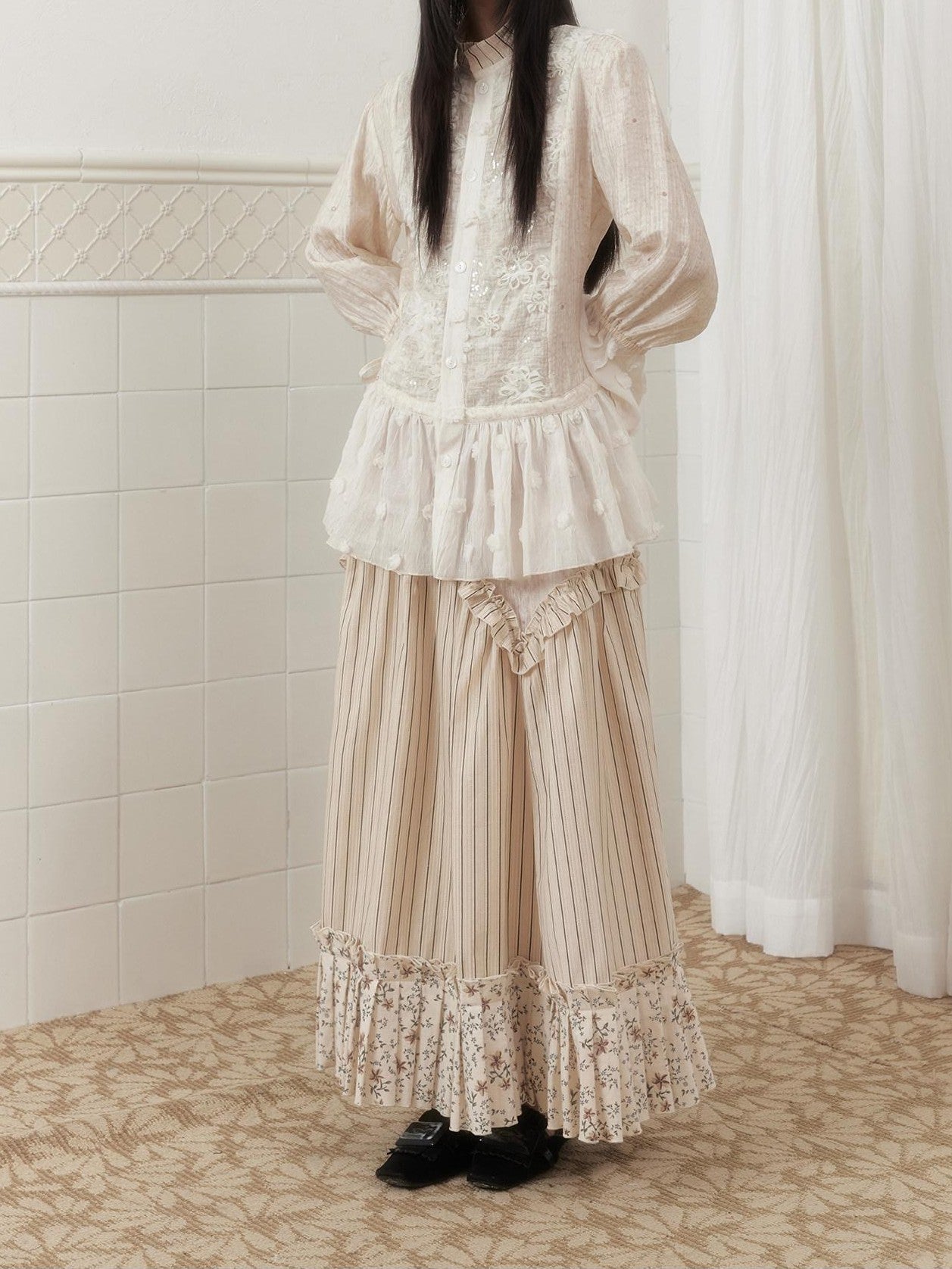 SENSELF Ivory Polka Dot Sequin Embroidered Lace Bell Sleeve Women's Oversized Shirts