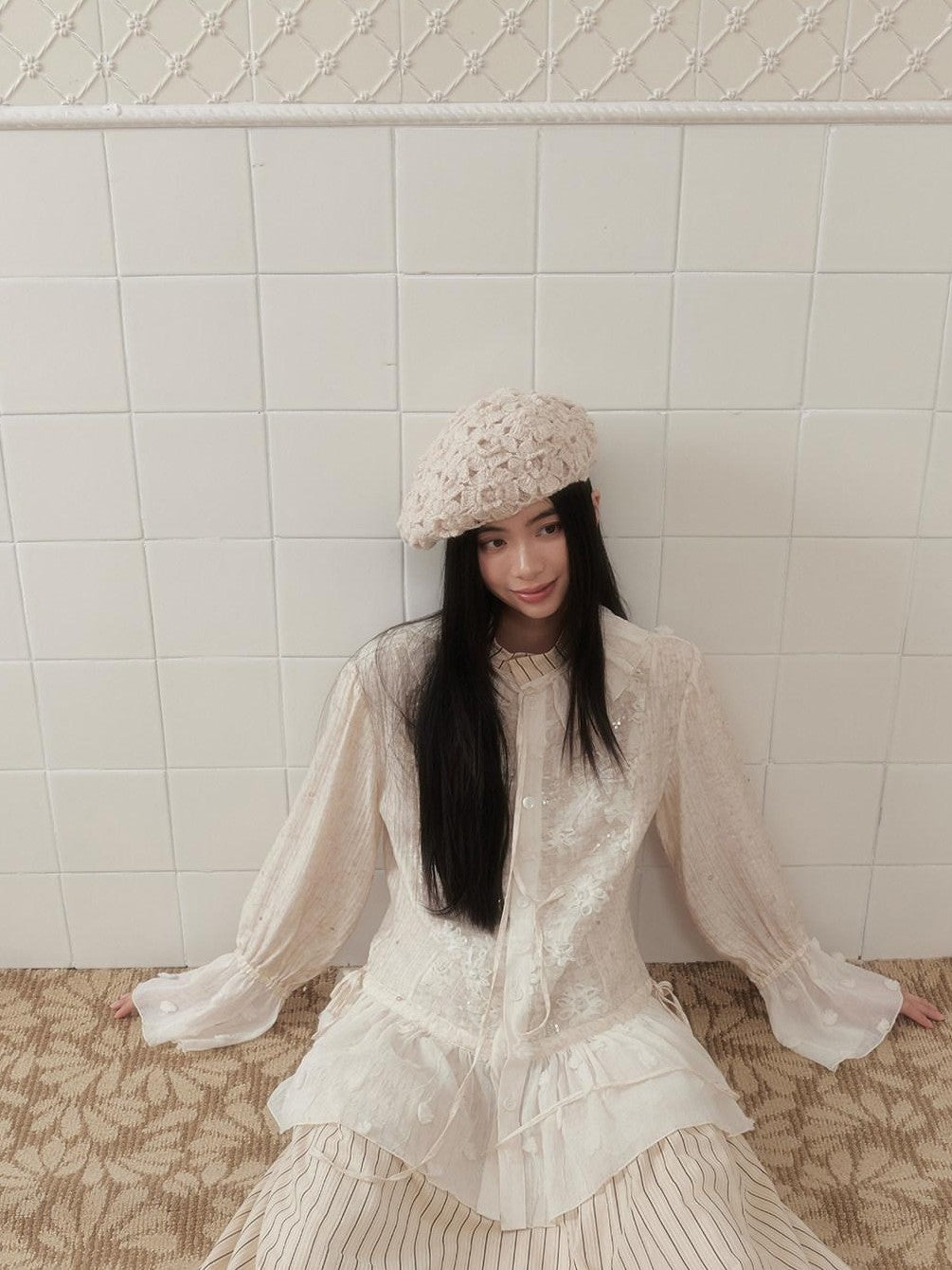 SENSELF Ivory Polka Dot Sequin Embroidered Lace Bell Sleeve Women's Oversized Shirts
