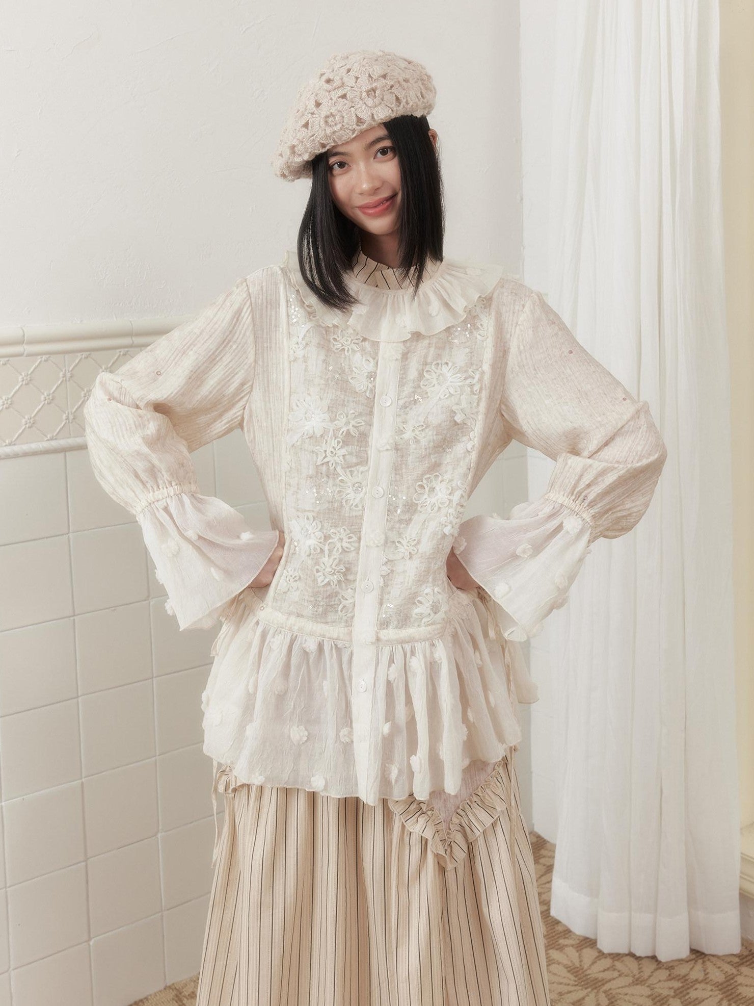 SENSELF Ivory Polka Dot Sequin Embroidered Lace Bell Sleeve Women's Oversized Shirts
