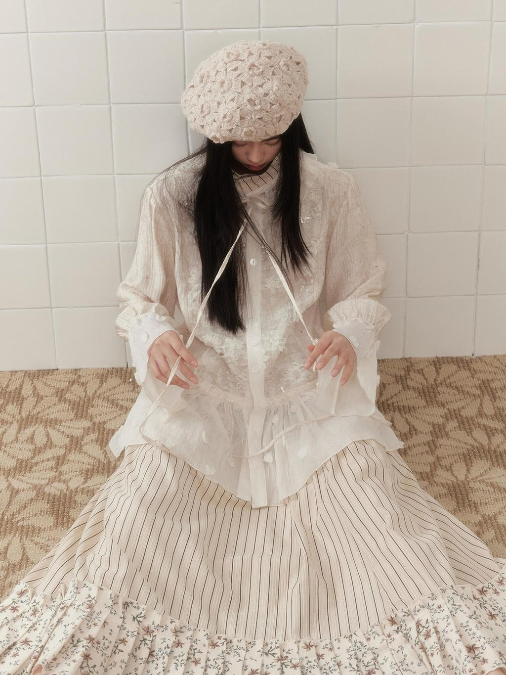 SENSELF Ivory Polka Dot Sequin Embroidered Lace Bell Sleeve Women's Oversized Shirts