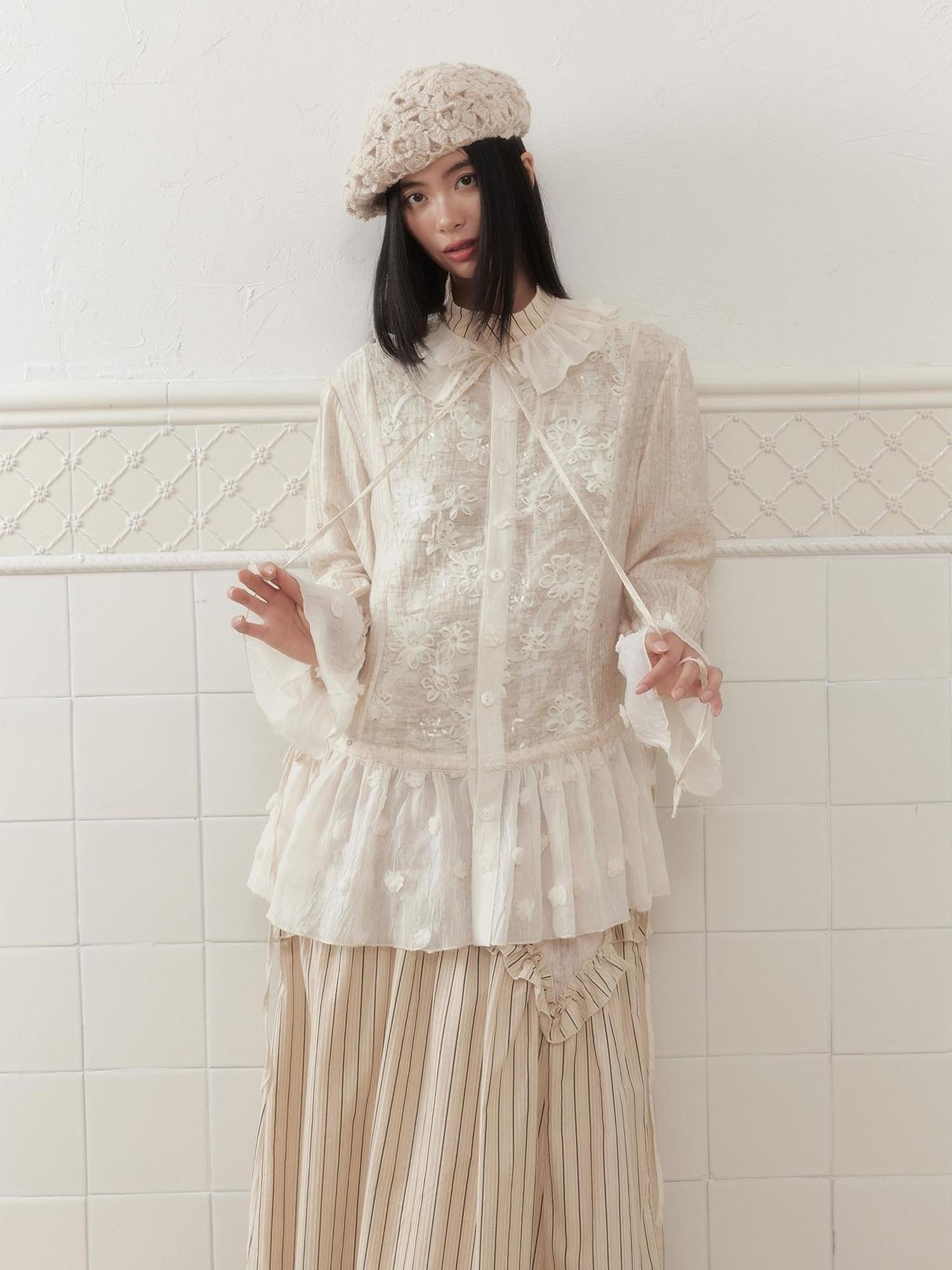 SENSELF Ivory Polka Dot Sequin Embroidered Lace Bell Sleeve Women's Oversized Shirts
