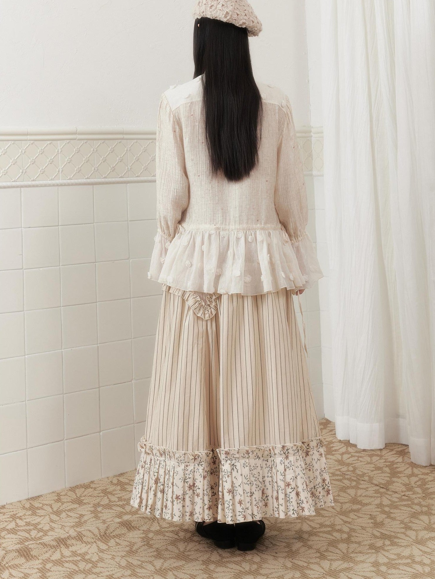 SENSELF Ivory Polka Dot Sequin Embroidered Lace Bell Sleeve Women's Oversized Shirts